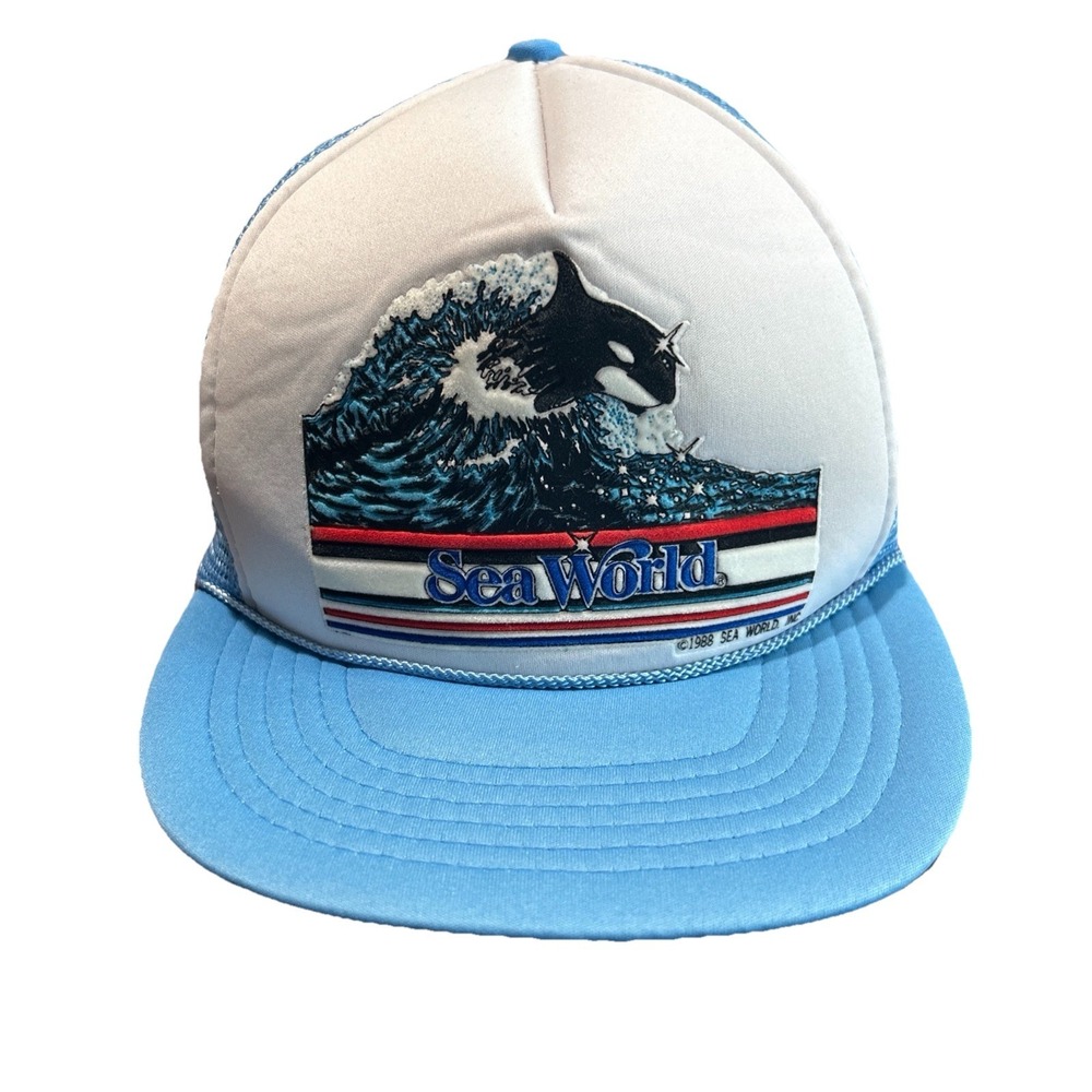 Vintage 1988 Sea World Mesh Trucker Snapback Hat Cap Polyester Whale Blue